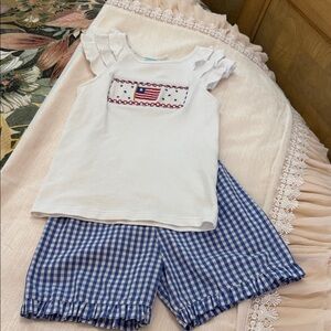 White Ruffled Top and Blue Gingham Shorts Set